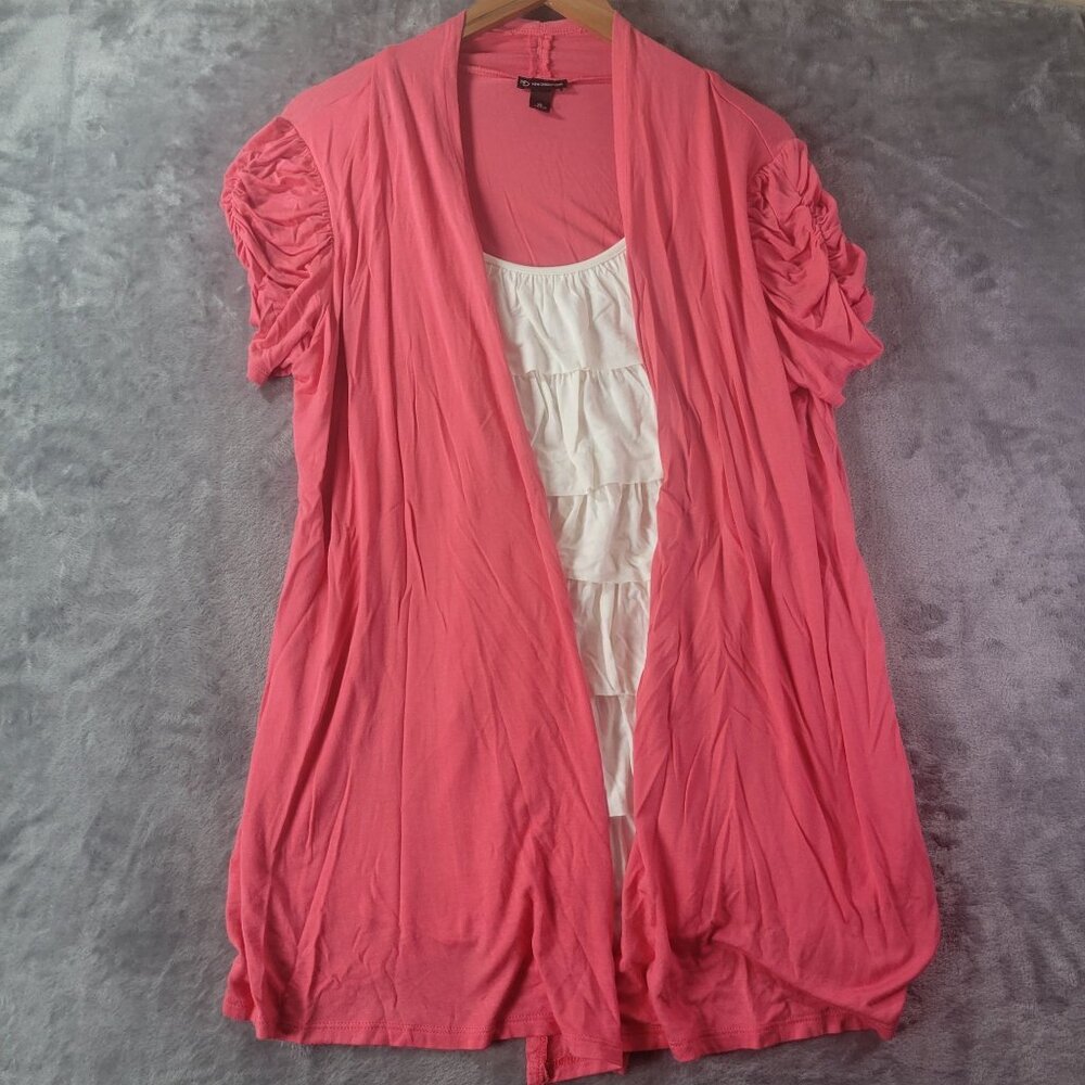 New Directions Womens Open Front Ruched Sleeve Cardigan Coral XL Layered Ruffle‎